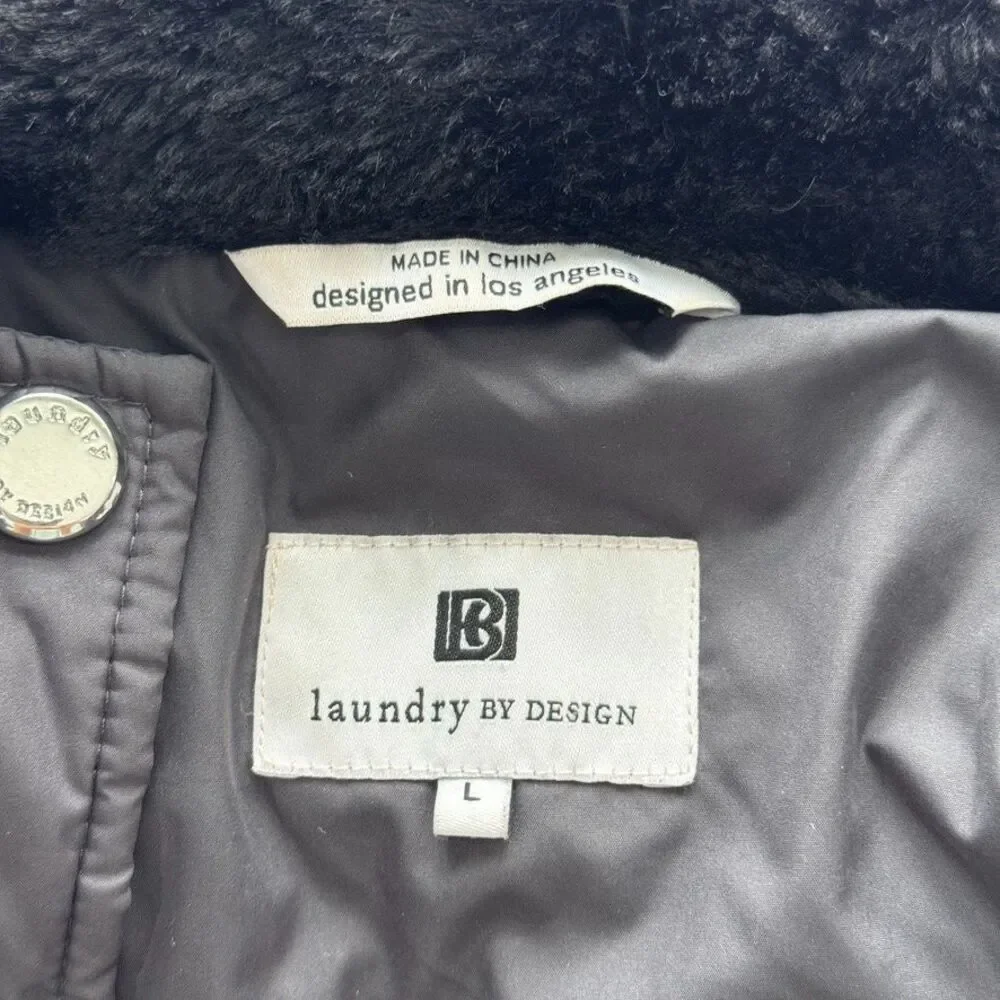 Laundry By Design Long Quilted Puffer Coat Black Faux Fur Hood Women's L Good - Picture 12 of 12